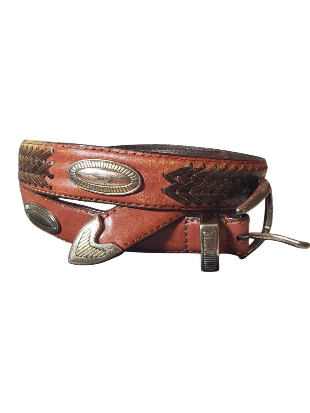 Vintage Fossil Woven Conch Leather Metallic Silver Buckle End Western Boho Rodeo